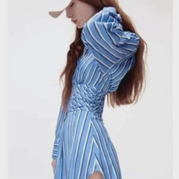 Zara Blue and White Striped Long-Sleeve Shirt Dress - Picture 2 of 6